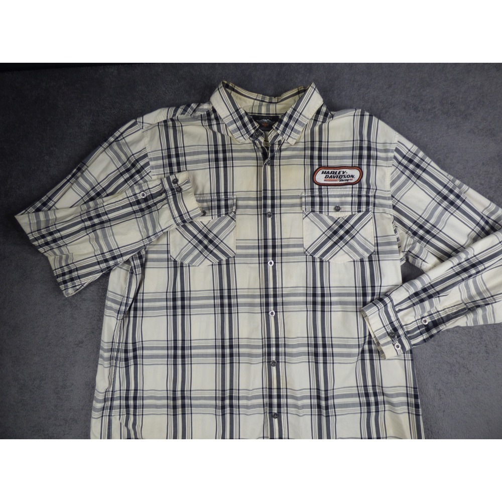Harley-Davidson Racing Mens 2XL Plaid Button Up Shirt Cream Black Long Sleeve